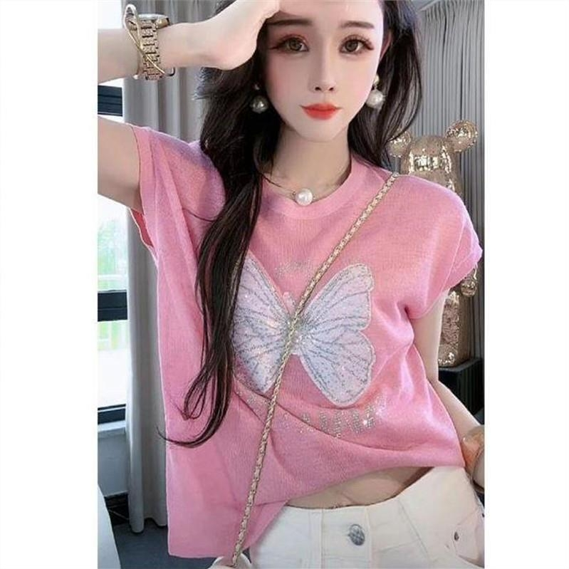 [9]2025新款蝴蝶针织衫时尚休闲百搭印花重工短袖潮流上衣xx