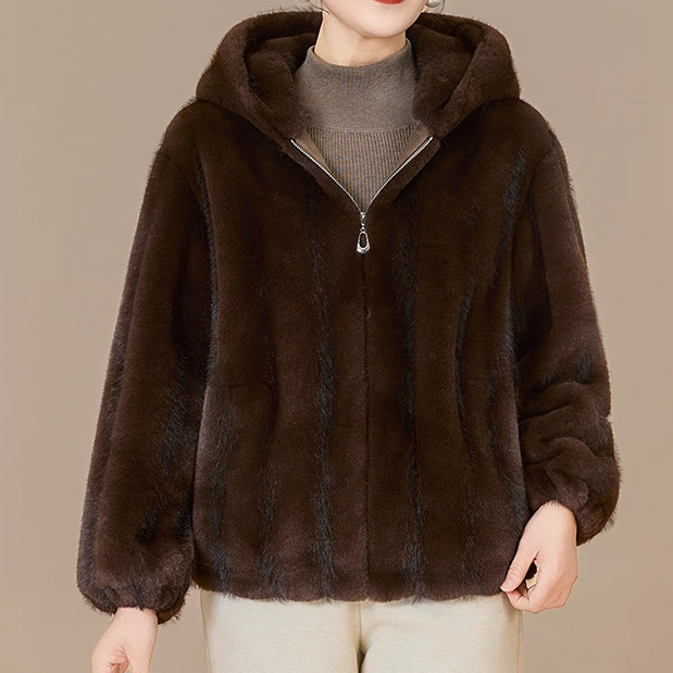 人造皮草 女短款包袖连帽长袖拉链人休闲洋气百搭大码外套