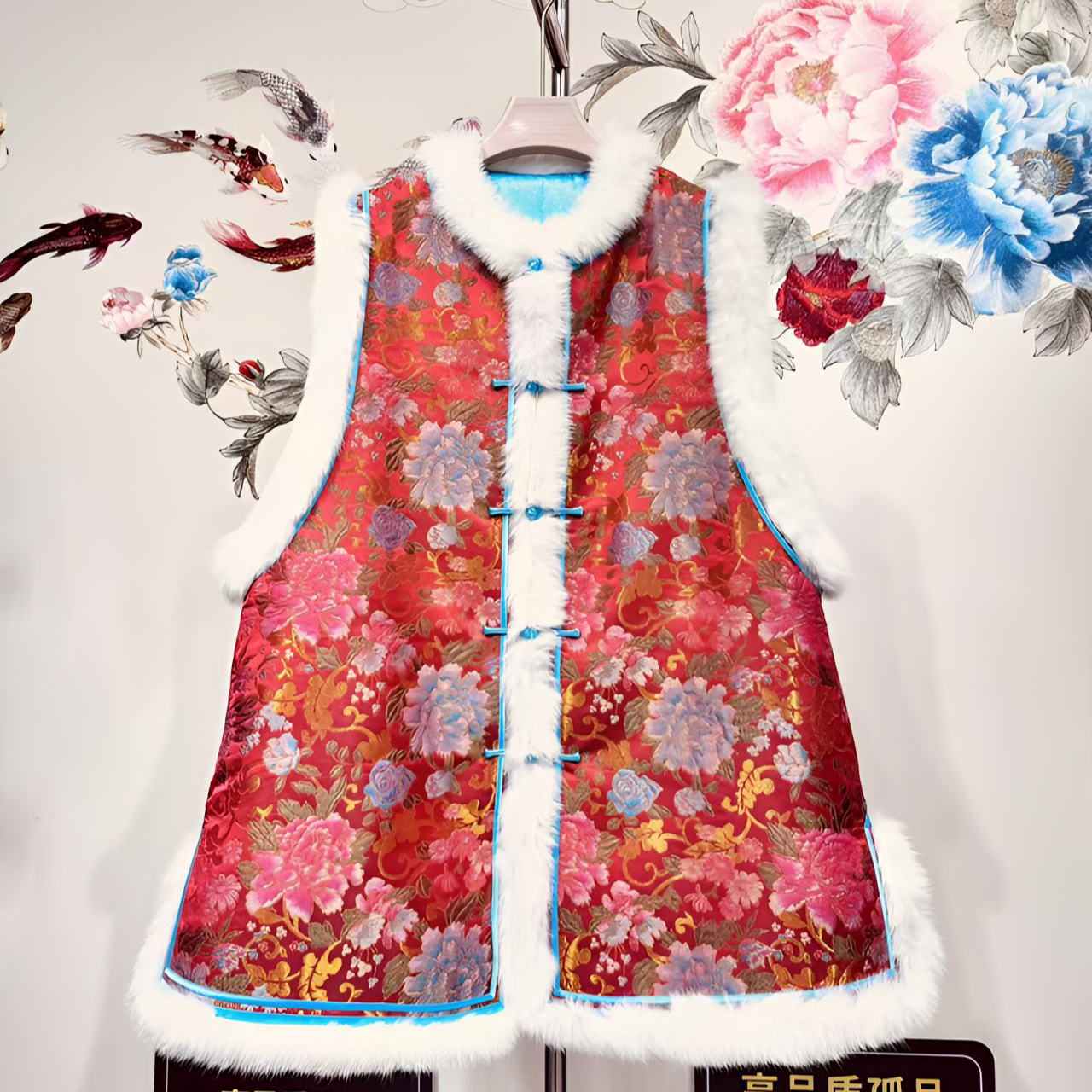 非遗传承高品质蚕丝云锦厚款兔毛包边秋冬马甲坎肩拜年服