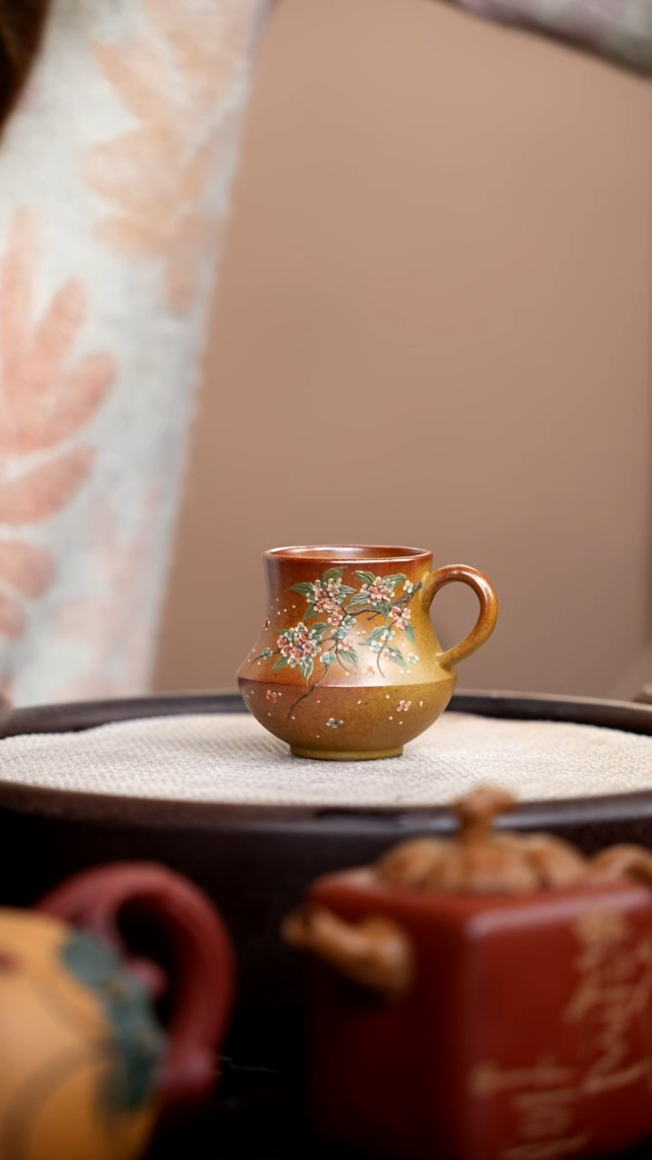 茶壶紫砂柴烧曲手把杯小花