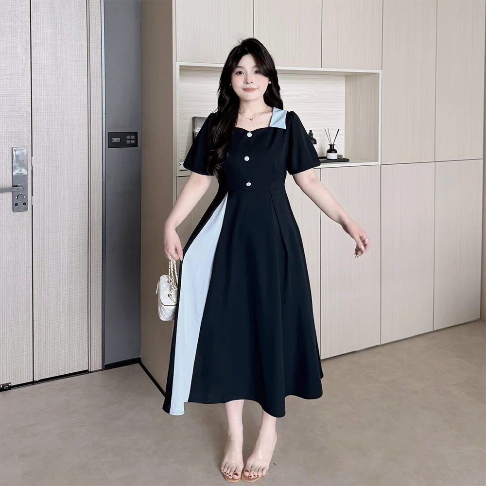 大码女装300斤胖MM设计感通勤优雅风方领A字收腰显瘦连衣裙145