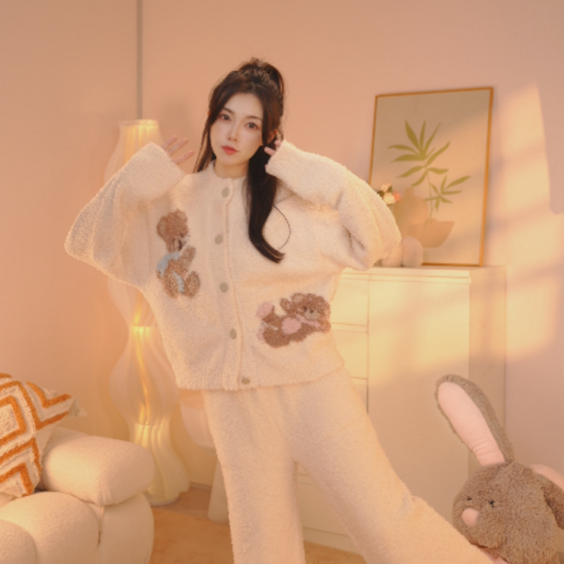 可爱甜美小熊半边绒睡衣女冬季新款保暖加厚开衫针织家居服两件套