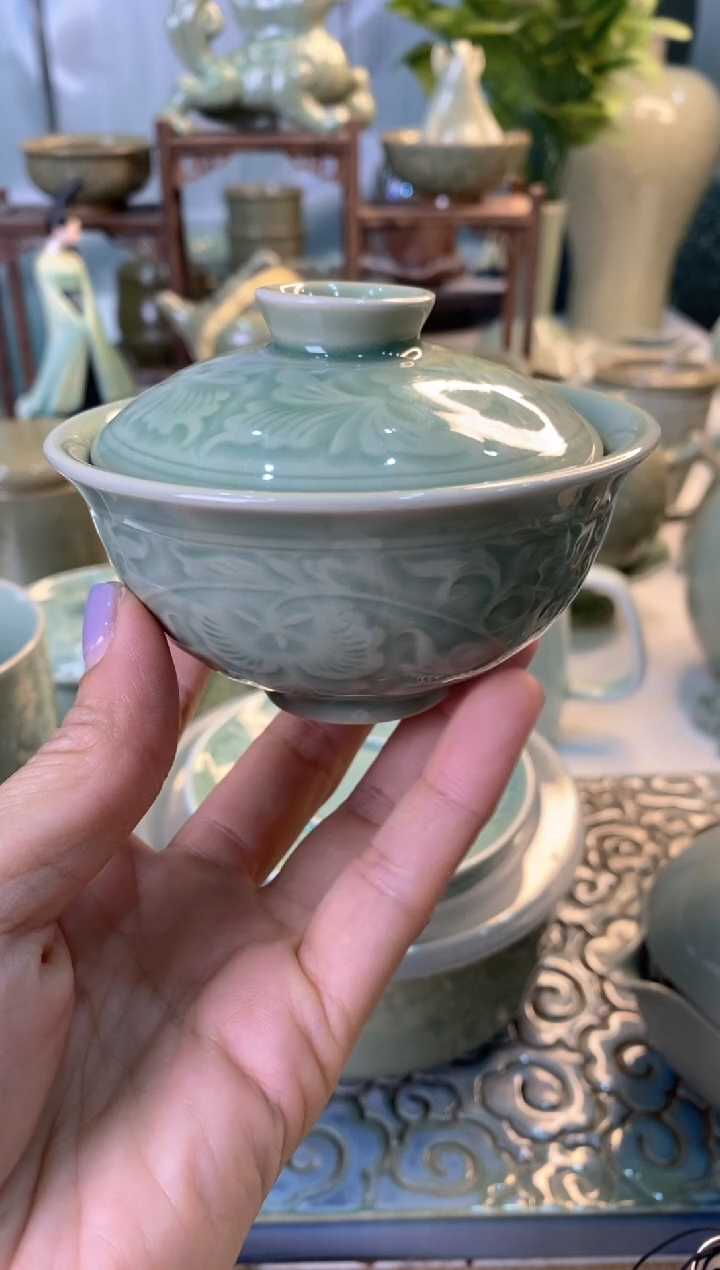 耀州窑【碗身+盖子】缩小两才盖碗 微瑕处理