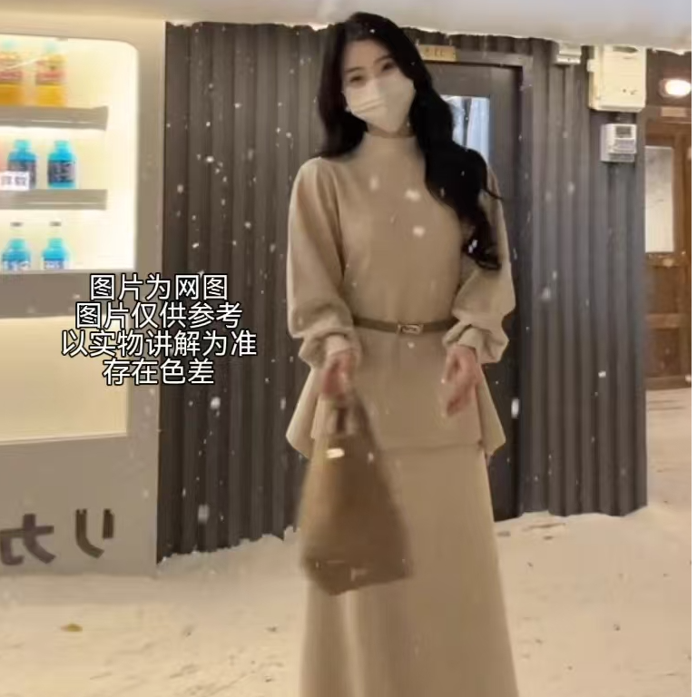 2025冬季新款大码女装韩系洋气显瘦高领收腰上衣+半身裙两件套