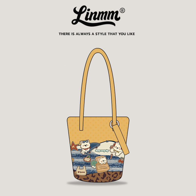 卡通美拉德风水桶包休闲时尚通勤大容量百搭单肩斜挎帆布包新款