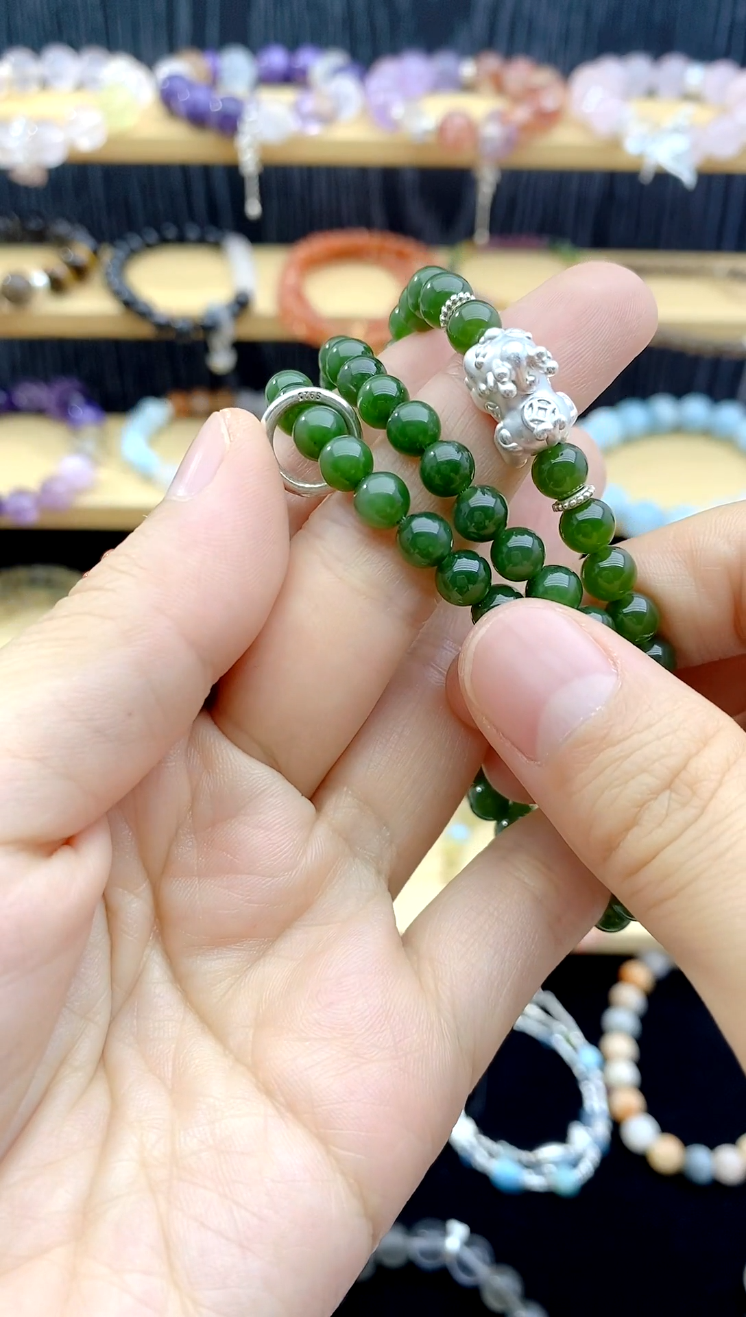 烟晶手链银S925镶嵌和田碧玉三圈手链