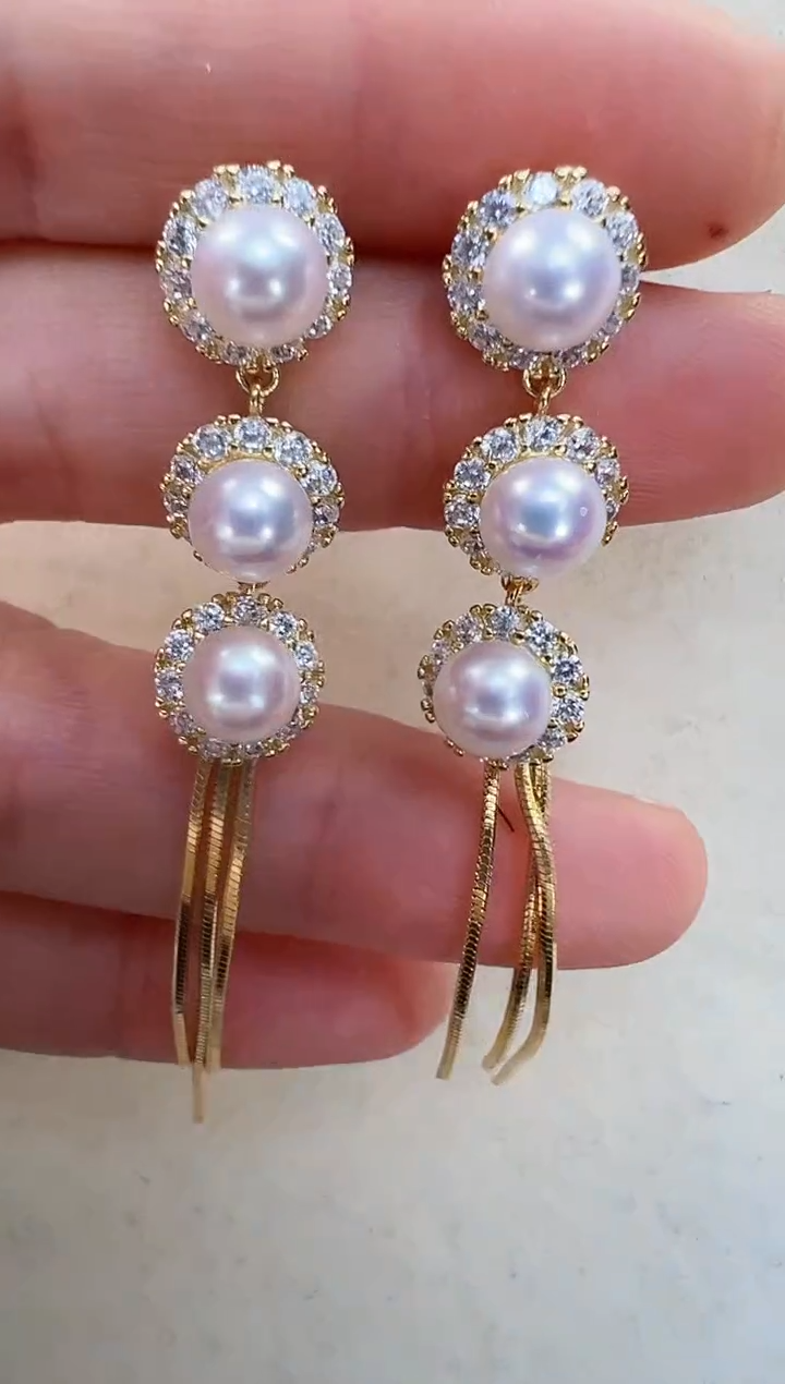 【闪购商品】淡水珍珠耳饰合金三珠流苏