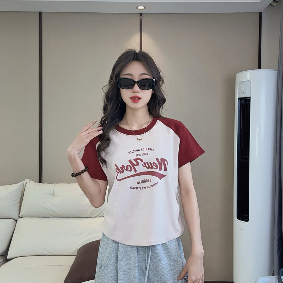 短袖印花圆领短款T恤小众减龄显瘦时尚休闲夏季宽松拼接撞色