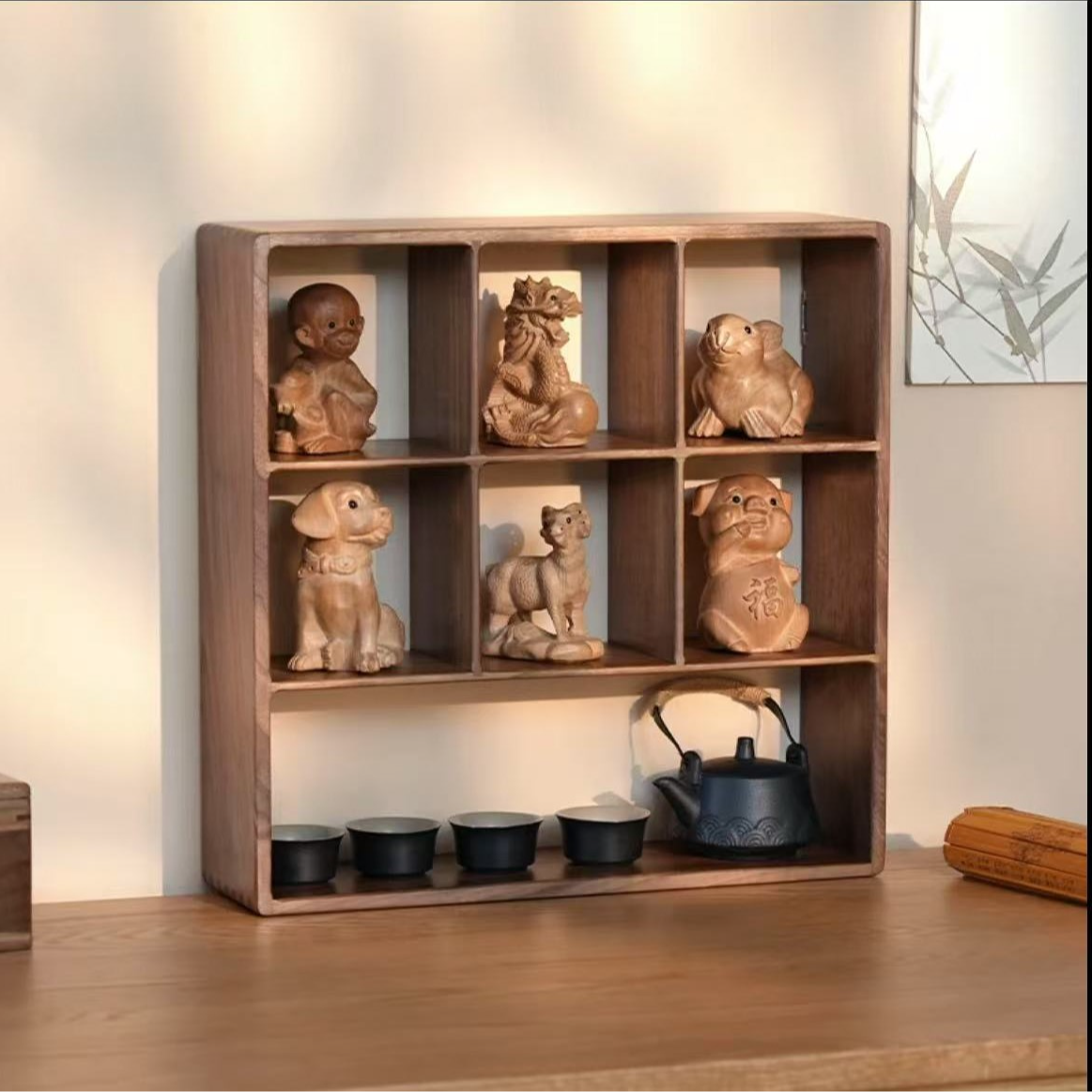 北美黑胡桃木置物架实木居家客厅书房收纳架存放七宝格置物架子