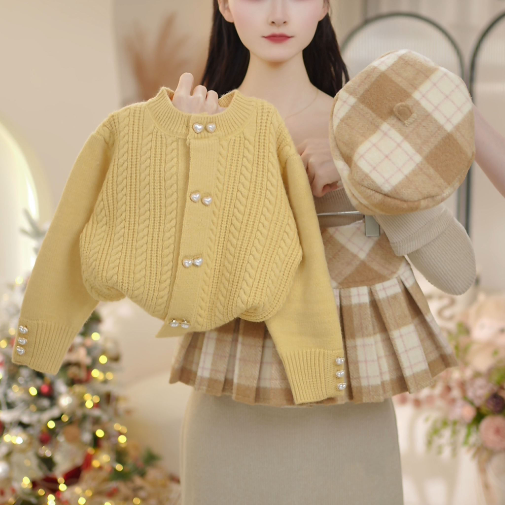女童2025冬季新款加厚奶酪黄毛衣+毛呢格子半身裙套装C25157