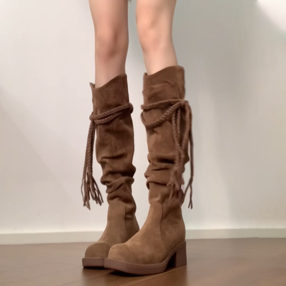 增高版显瘦西部牛仔复古废土风流苏粗跟不过膝长筒靴子女长筒靴