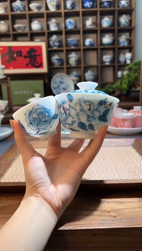 【闪购商品】手绘牡丹花大盖碗+送主人杯