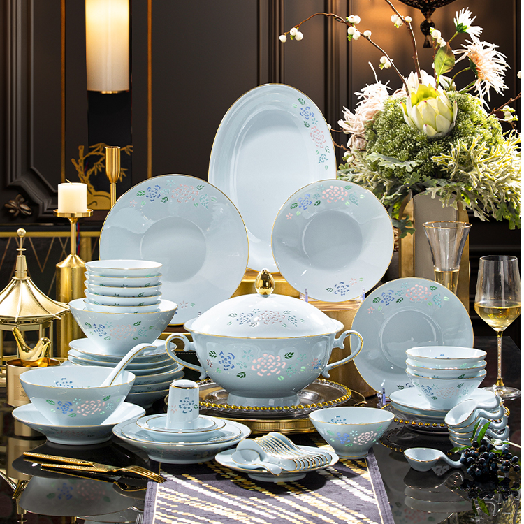 景德镇青瓷彩绘玲珑70头景德镇家用简约轻奢中式碗碟盘餐具