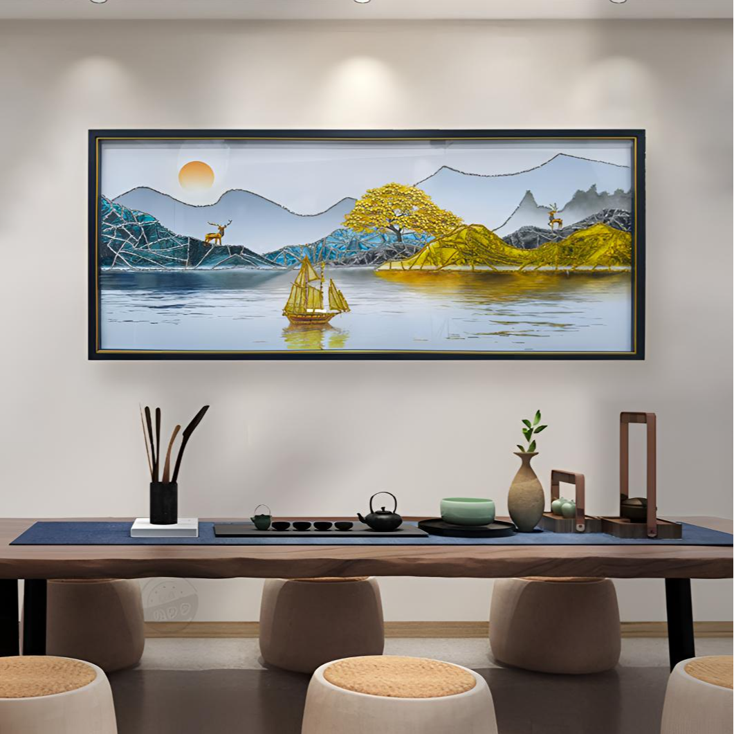 钢化玻璃【旭日东升】横款客厅办公室现代轻奢玄关装饰画茶室新中式