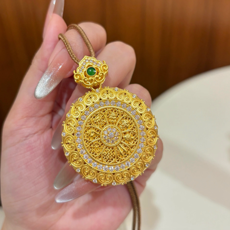 铜合金项链 新中式国潮花丝如意可转动八宝罗盘吊坠项链国风吊坠