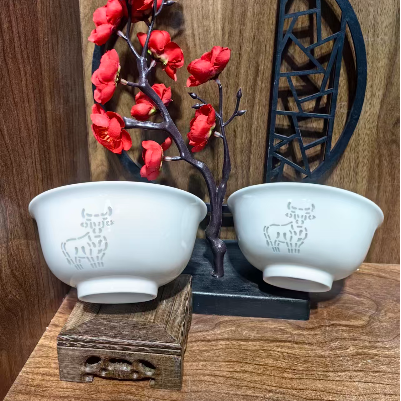 仿古瓷 A792景德镇制陶瓷牛玲珑碗4.75英寸12厘米一对