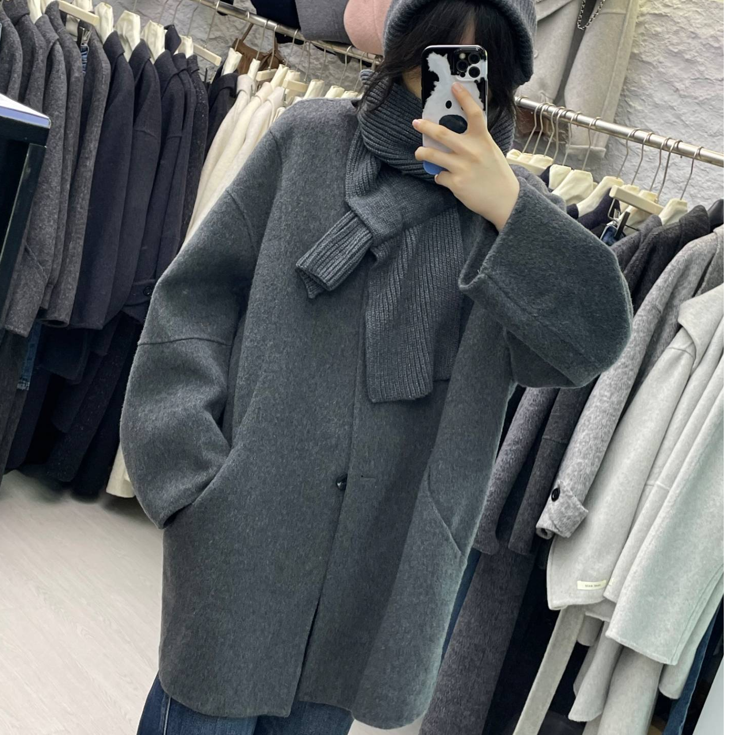 针织帽围巾可拆卸羊毛双面大衣女2025冬圆领阔版休闲大码遮臀外套