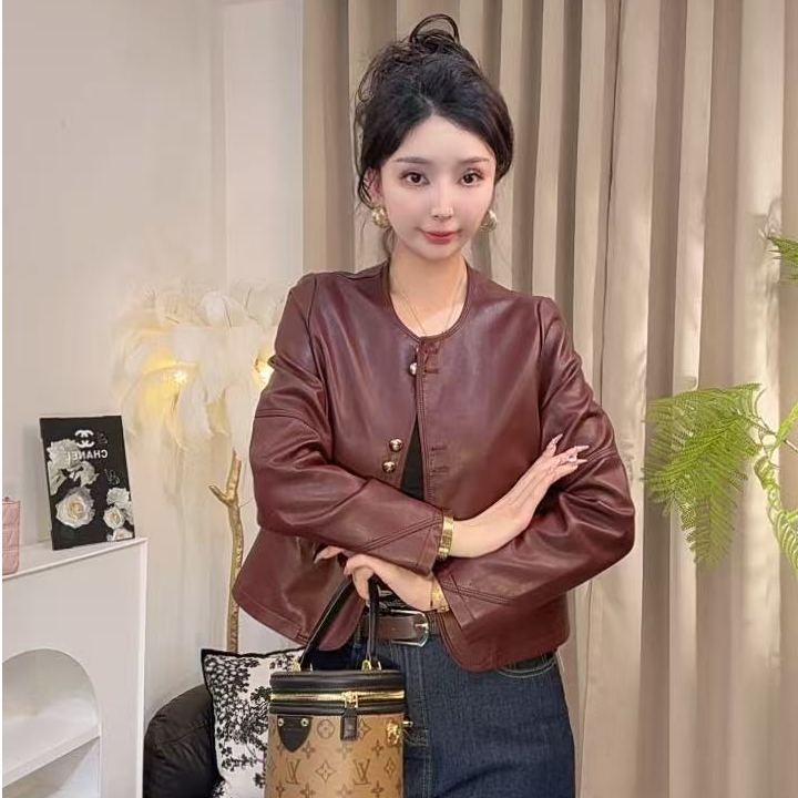 【安可拉红】2025春款新款时尚小香风短款皮衣外套女