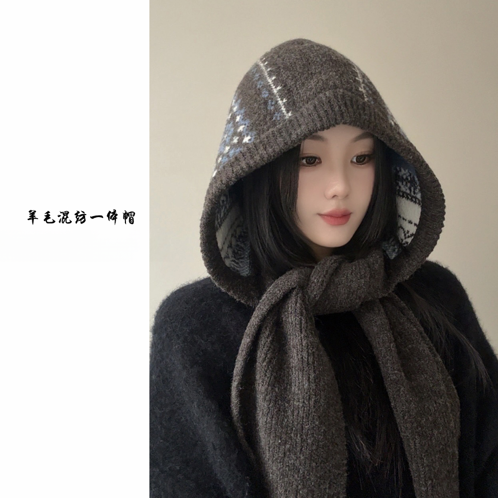 美拉德费尔岛羊毛混纺巴拉克拉法帽女秋冬保暖帽子围脖一体毛线帽