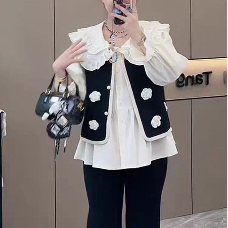 新款双层娃娃领衬衫马甲两件套遮肉上衣大码女装胖MM宽松春季新款