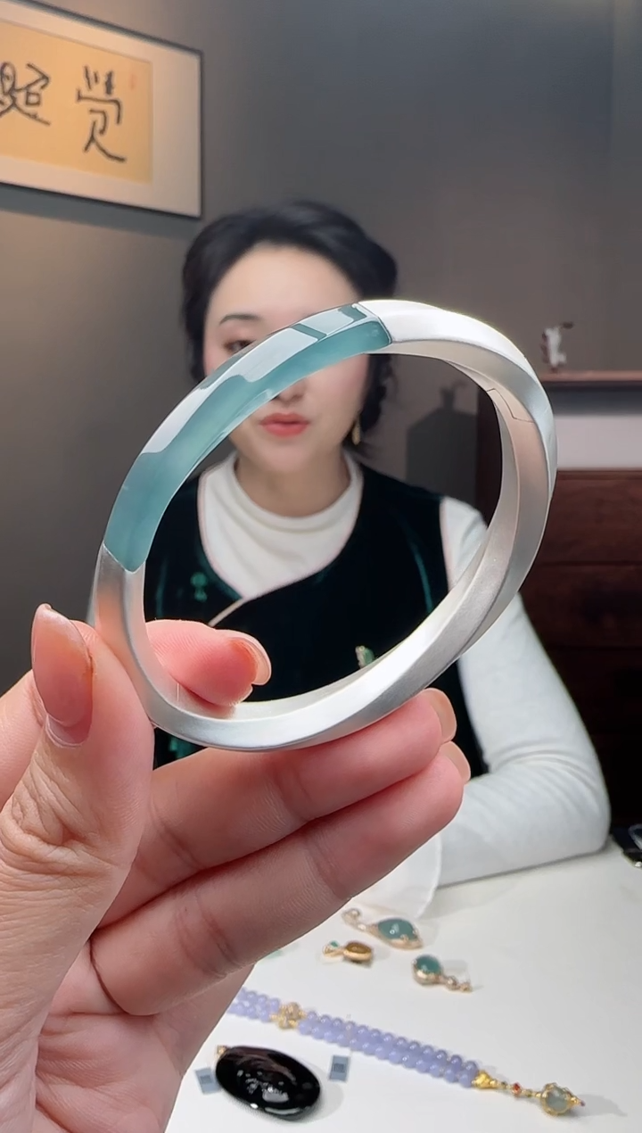 银S925镶嵌手镯翡翠银镶开口镯