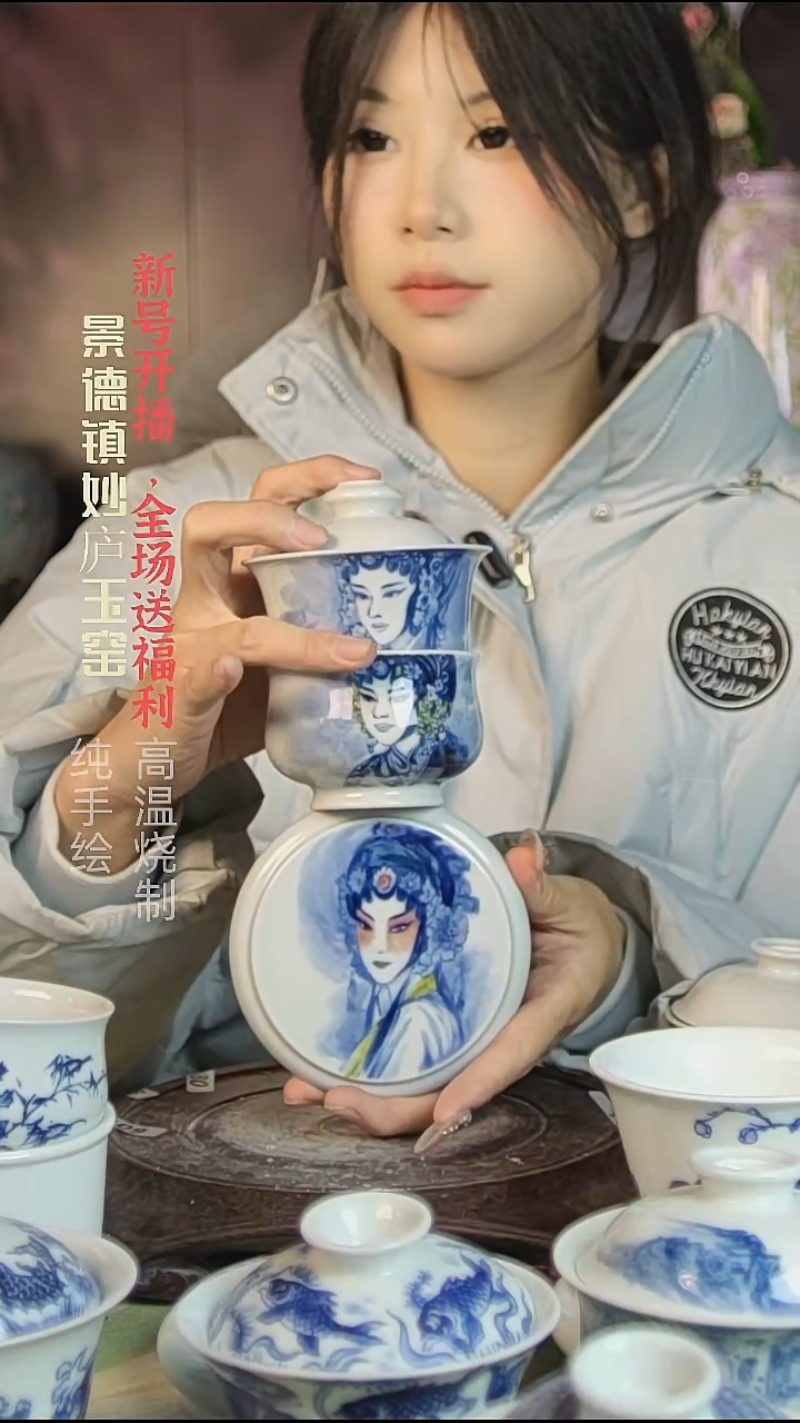 盘陶安***?妙庐玉窑花旦盖碗+如式+盖置