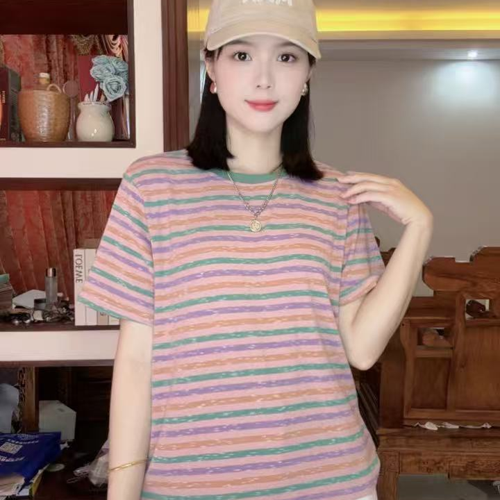休闲竹节棉条纹女标准撞色条纹圆领夏季T恤半袖短袖宽松