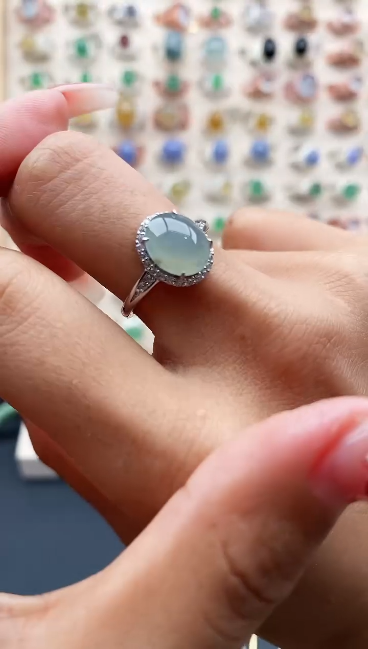 【闪购商品】翡翠戒指银S925镶嵌缅甸天然A货翡翠444 5+8