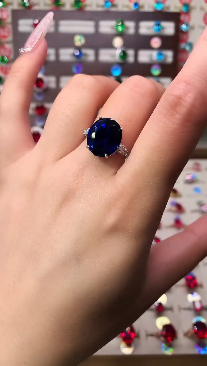 无925银典藏 轻奢 斯里兰卡蓝色系10*12银托戒指