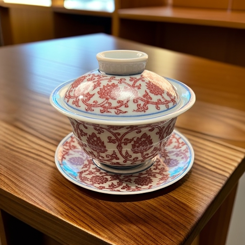 全手工手绘釉下彩仿古胎原矿釉里红缠枝莲双线金刚莲三才盖碗