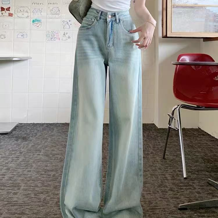 QYLR494【九炫女装】 浅蓝色低气质欧货经典洋气直筒阔腿裤时髦款