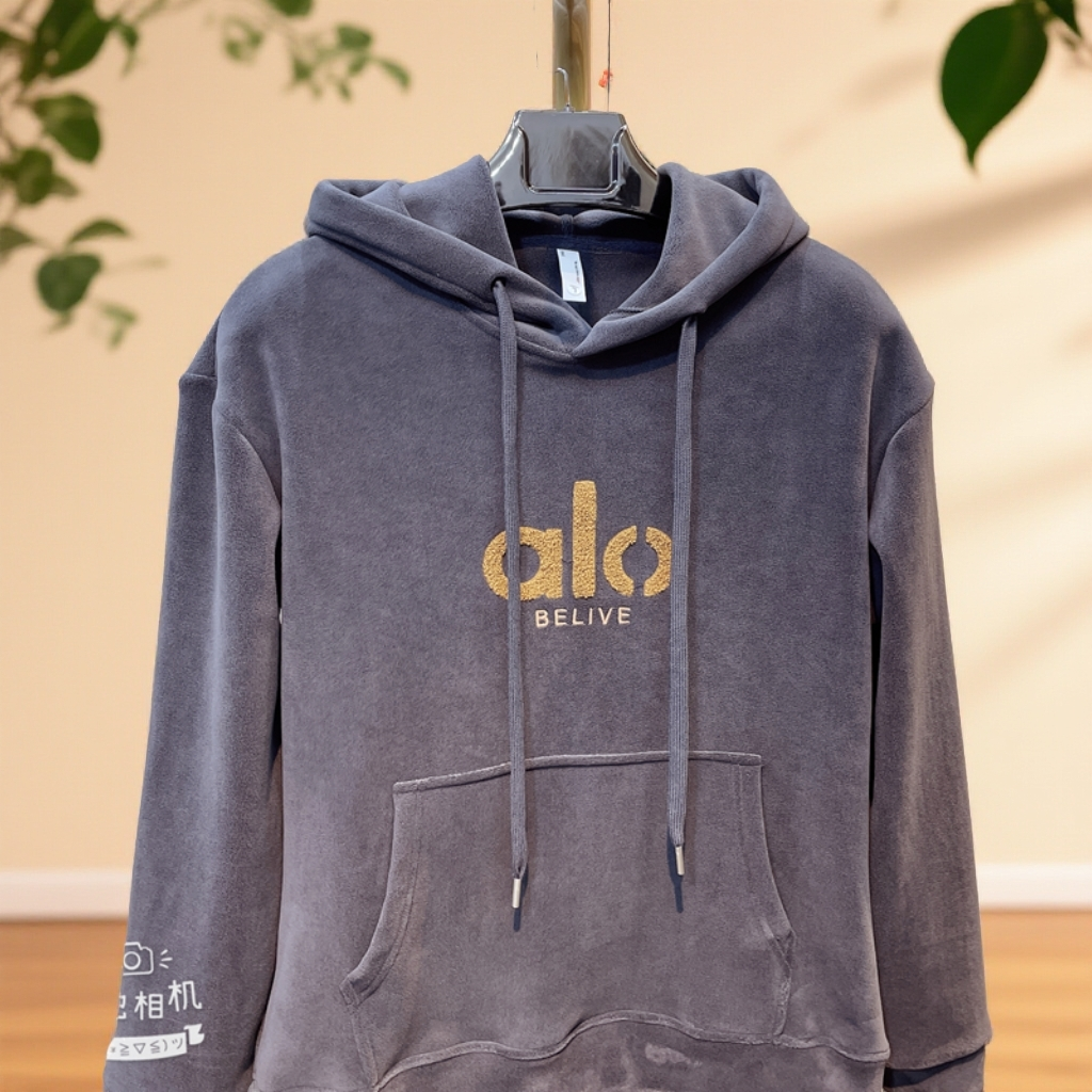 2025年新品奥粒绒加绒加厚连帽卫衣男休闲时尚百搭纯色刺绣上衣  