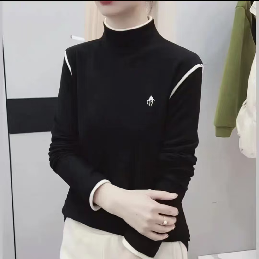 9306-（小马刺绣）德绒中领打底衫（黑色）
