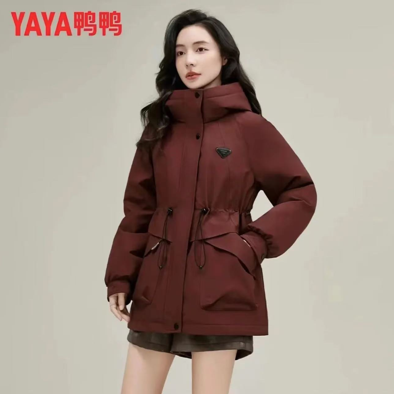 YAYA/鸭鸭 派克加厚羽绒服时尚防风保暖中长款外套女YE3B635945L