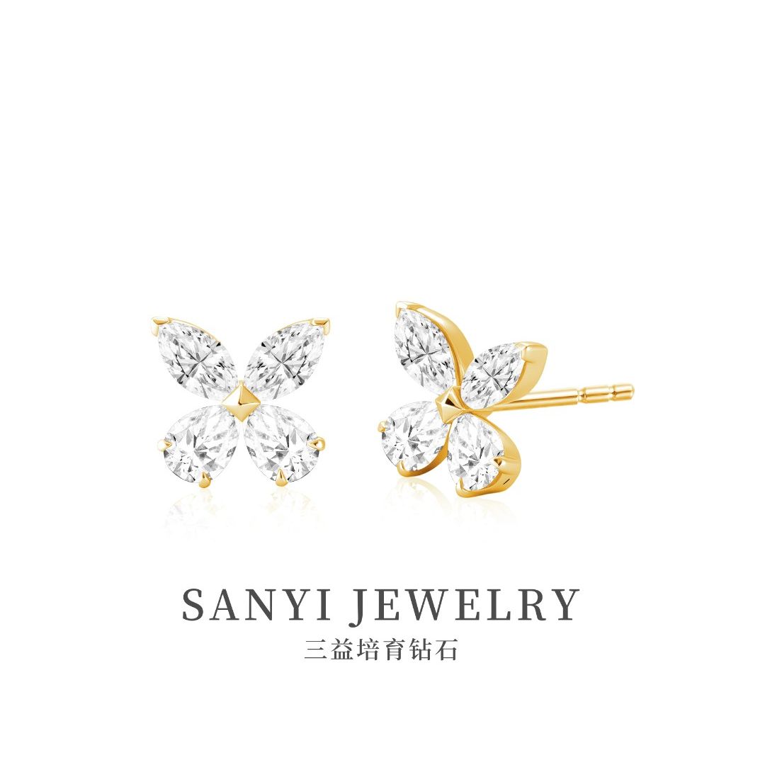 三益珠宝18K金 B异形蝴蝶耳钉大号 白(金耳堵）轻奢现货可发耳饰