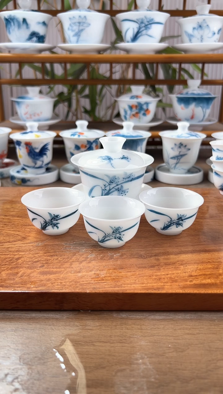 微瑕高冰兰花130ml三才盖碗+小和顺杯3个