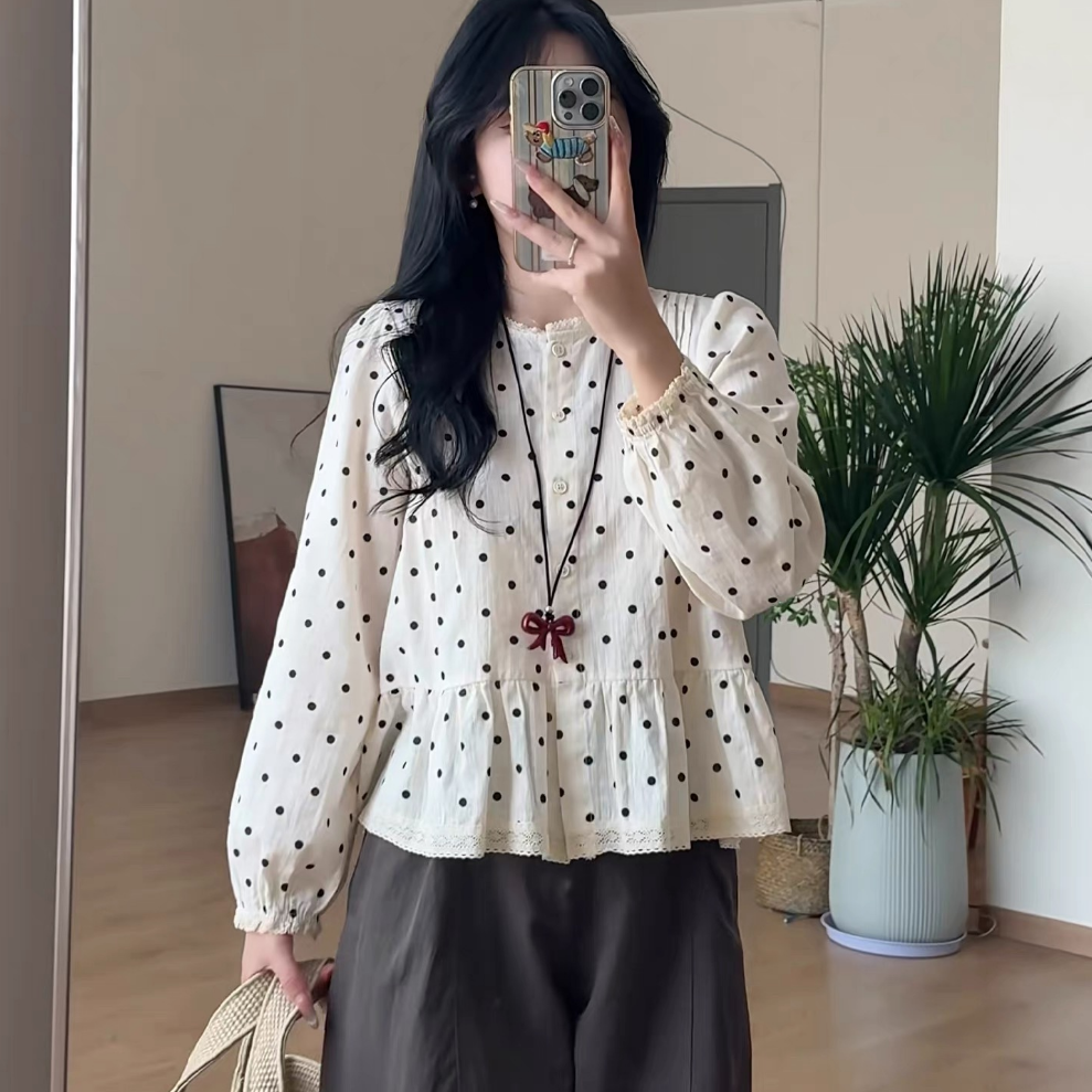 9917韩系设计感波点衬衫女2025秋季新款宽松百搭圆领长袖衬衣上衣