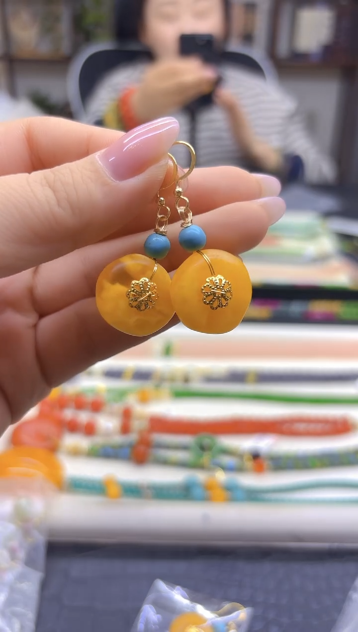 蜜蜡14K金镶嵌耳饰DIY款E134