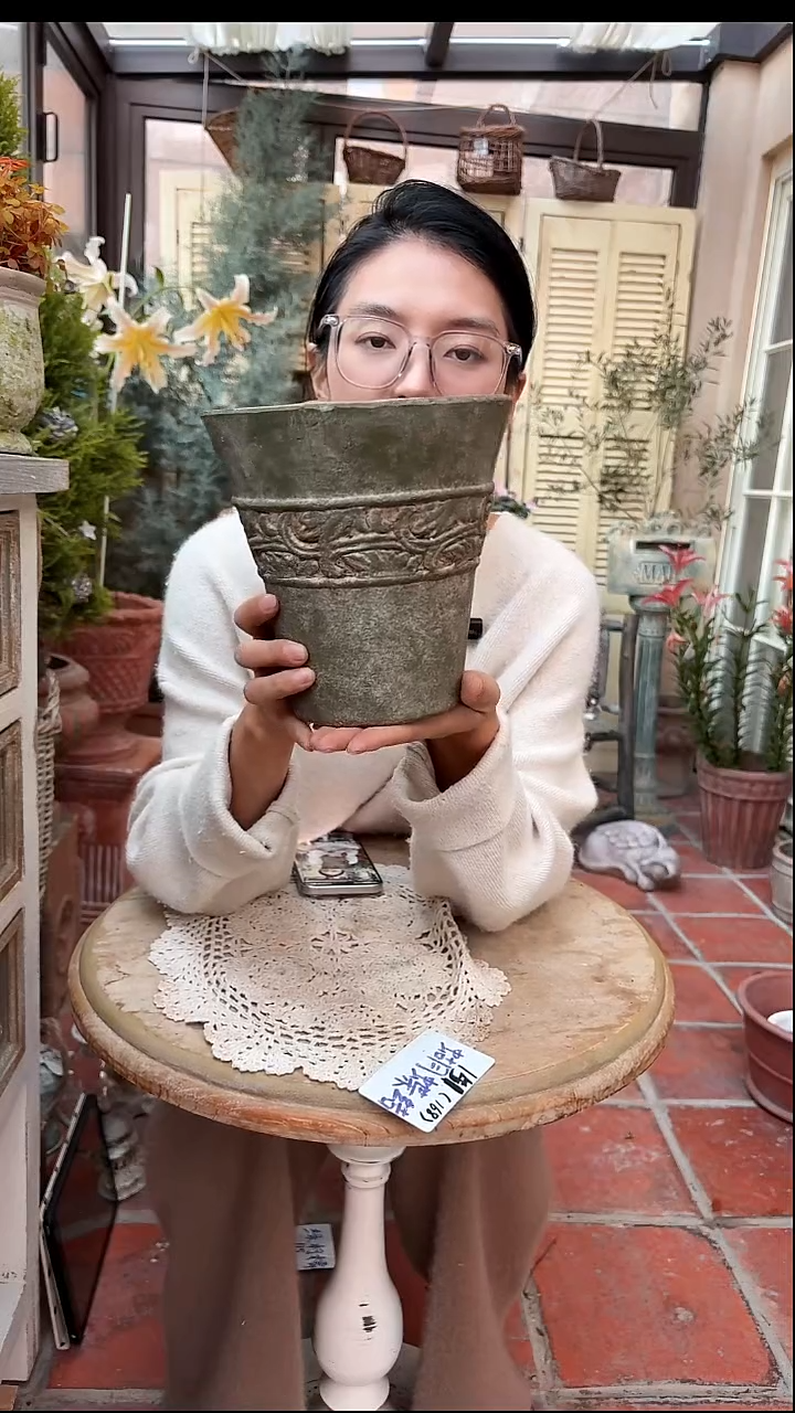 复古绿粗陶花盆直播福利品007