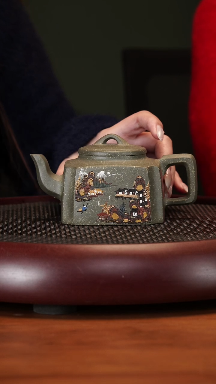 【闪购商品】紫砂茶壶2-38JXF抽角四方雪花绿泥350cc