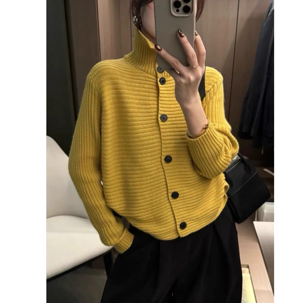 【原版定制】韩系复古坑条高领毛针织开衫女欧洲站冬装新款欧货女装