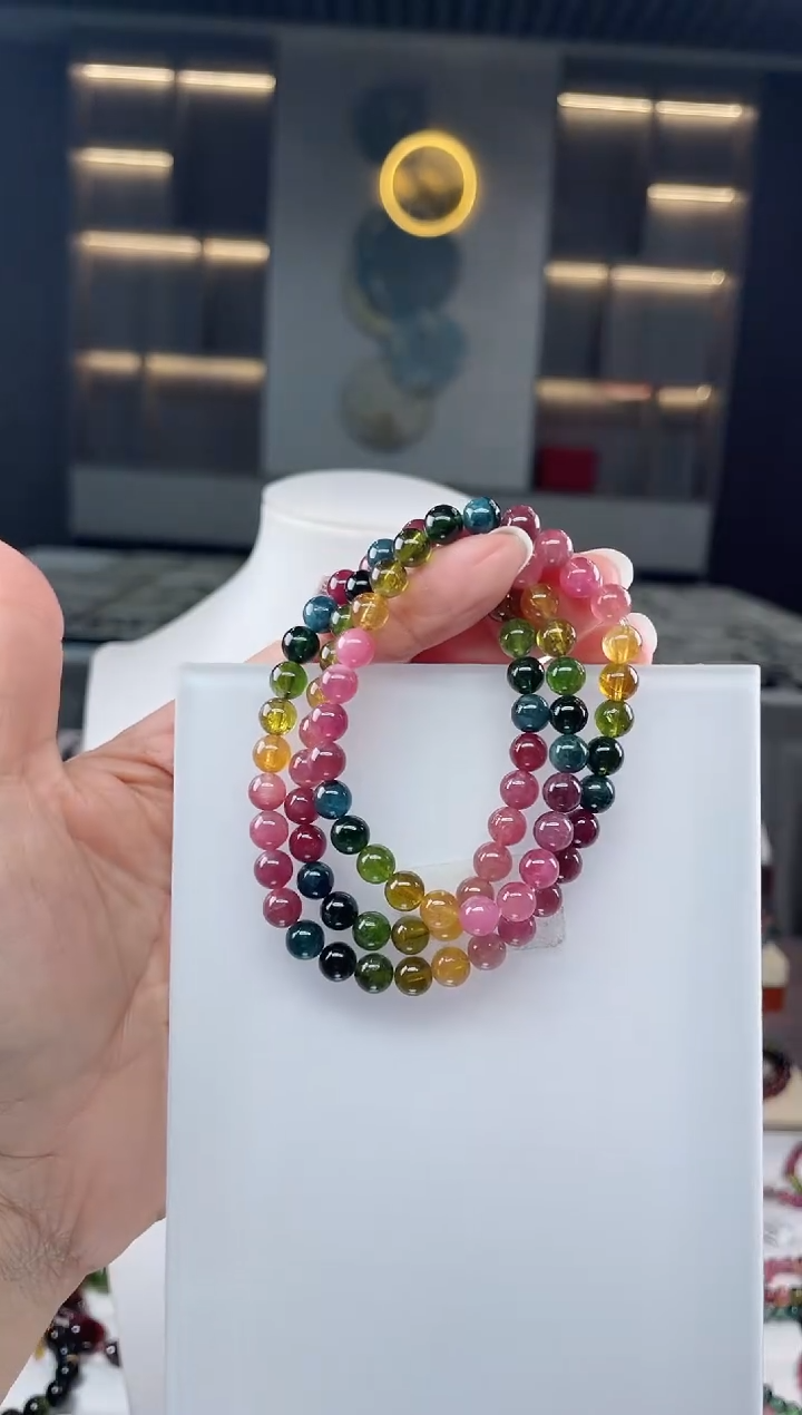 未镶嵌老矿碧玺彩虹三圈手串6mm+碧玺 多样性发一条）Q