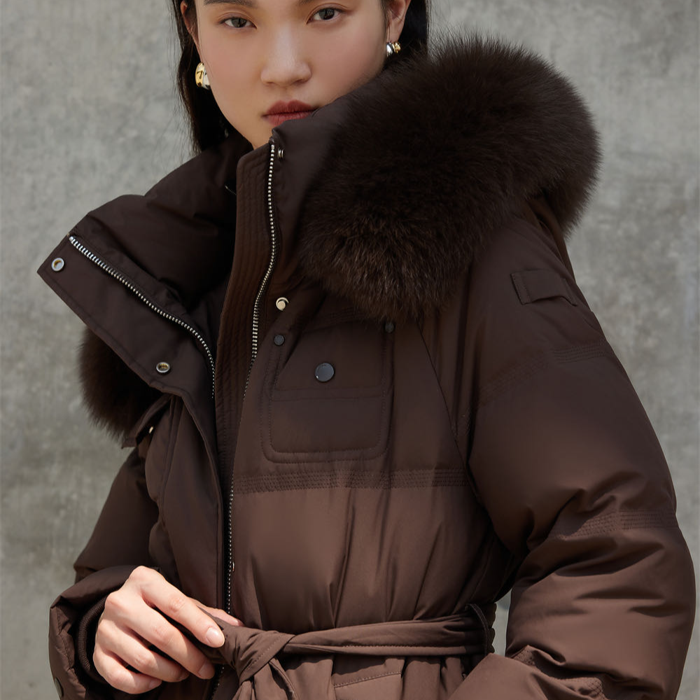 824Y827大毛领长款收腰连帽时尚女修身型女士冰美人白鸭绒