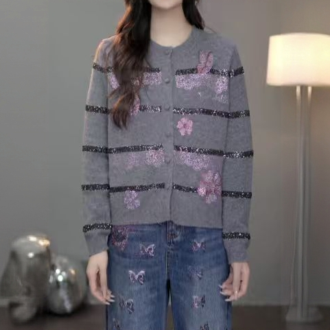 TCH私服秋季氛围感烫钻时尚淑女灰色针织衫T75C09E1180轻奢tch