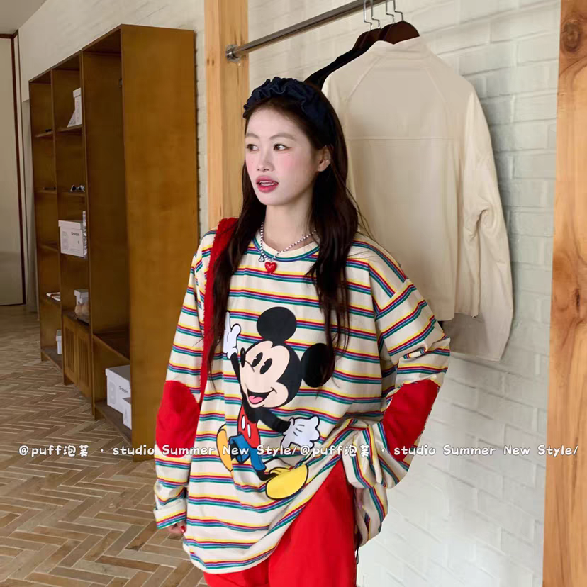 2025秋季新款拼接贴布卡通米奇印花条纹t恤女时尚休闲宽松上衣潮