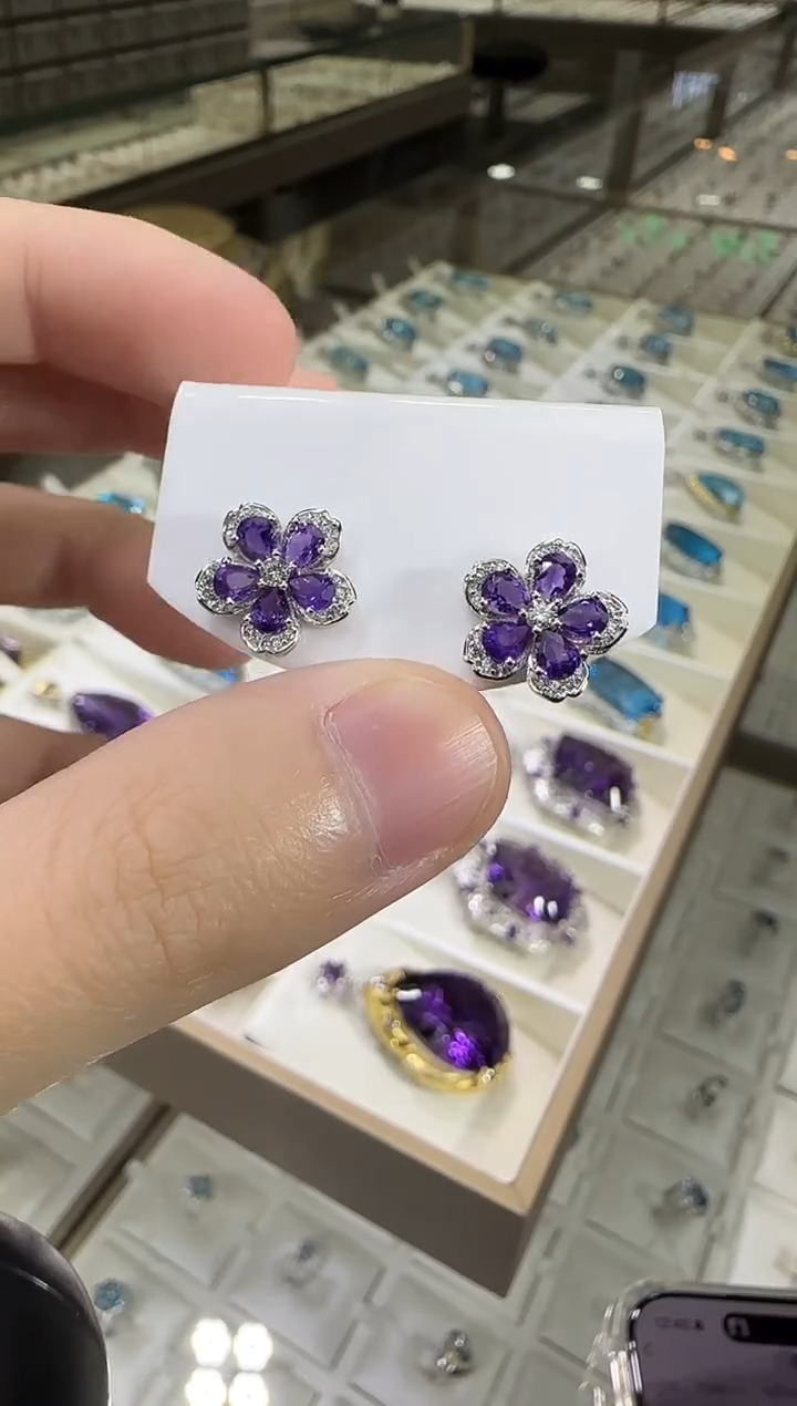 银S925镶嵌耳饰紫晶13mm帝王紫耳钉