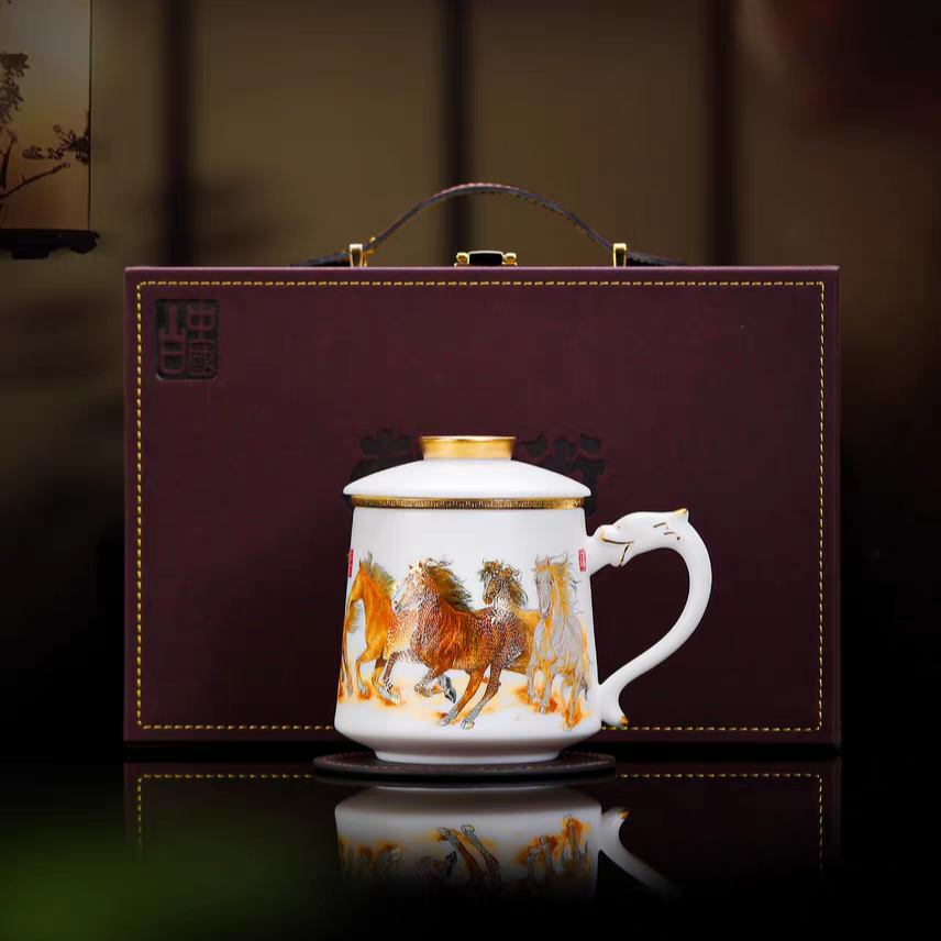 新款办公杯冰种白瓷马到成功茶杯高档茶水分离大容量带盖泡茶杯子