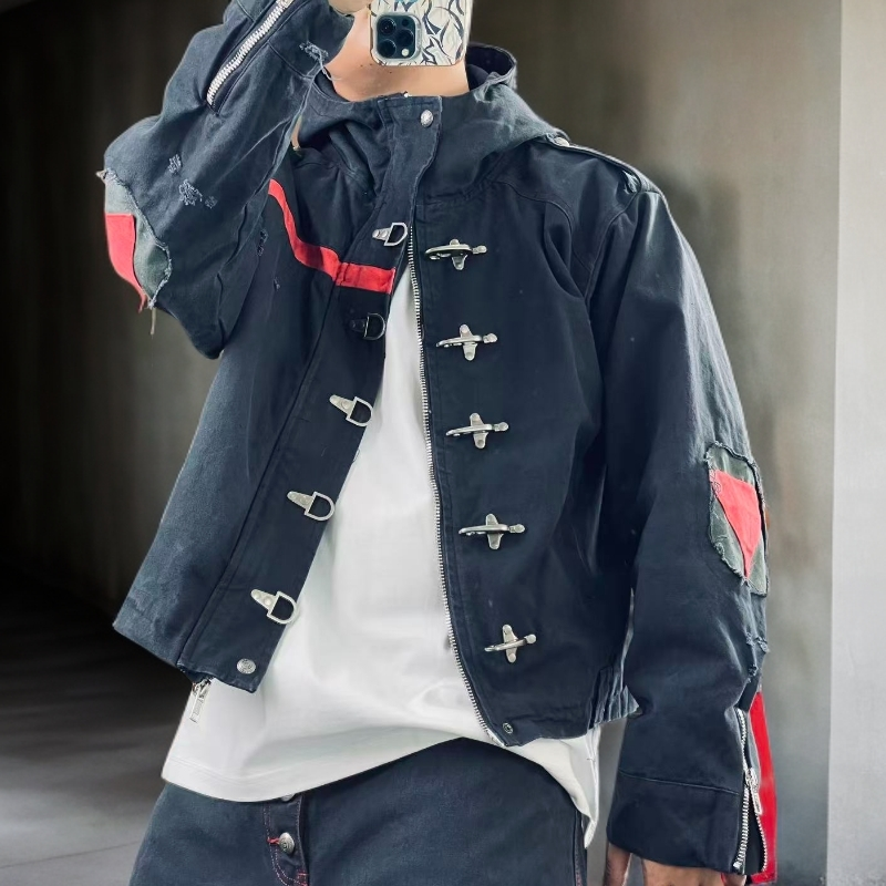 秋冬百搭美潮美系拼接连帽短款宽松复古耐磨男女同款夹克外套012