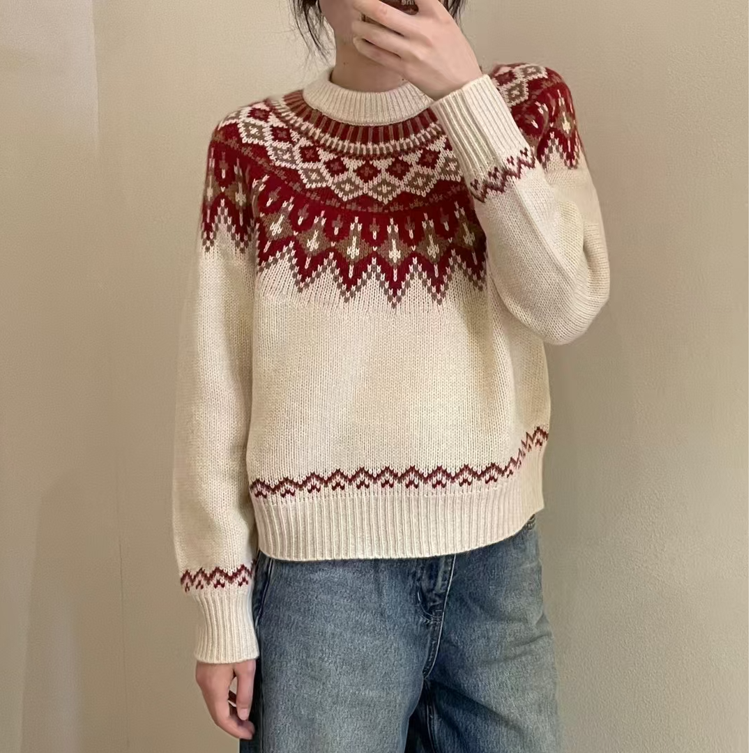 《费尔岛》百分百羊绒衫女秋冬季北欧风复古撞色针织衫
