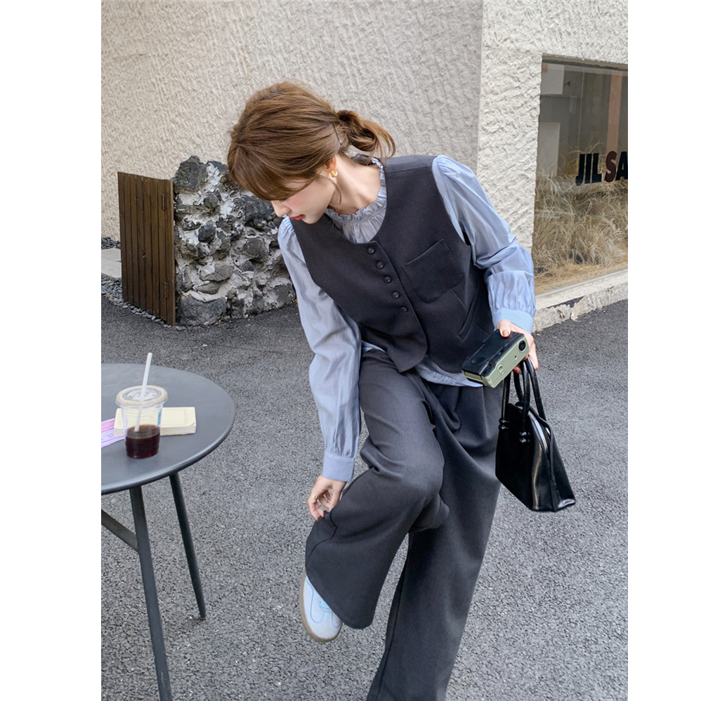 〈纪朵研〉1288老钱风衬衫马甲套装女春秋阔腿裤灰色三件套韩系